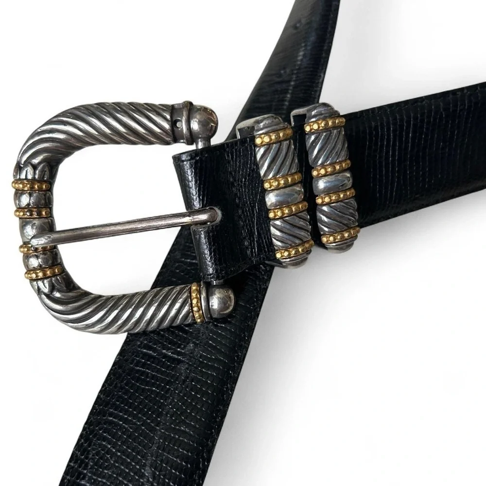 Vintage Brighton Black Belt w/ Chunky Silver + Gold Buckle | Size M